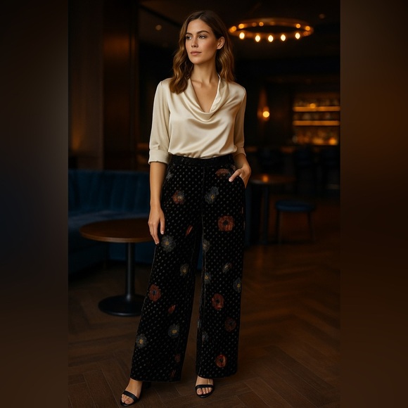 Anthropologie NWT Eva Franco Sz 0 Velvet Wide Leg Pants Black Motif Floral Glam - Picture 10 of 16